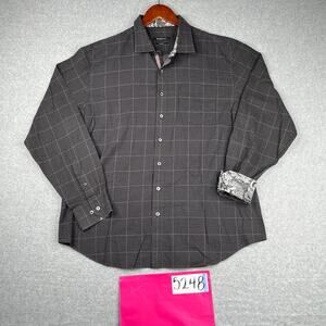 BUGATCHI Shirt XL Black Check Dragon Flip Cuff Casual Button Up Long Sleeve Mens